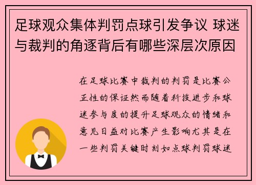 足球观众集体判罚点球引发争议 球迷与裁判的角逐背后有哪些深层次原因