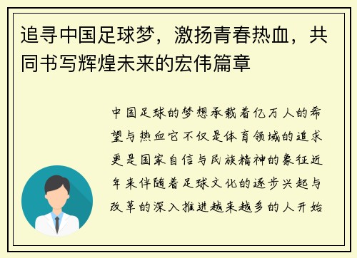 追寻中国足球梦，激扬青春热血，共同书写辉煌未来的宏伟篇章