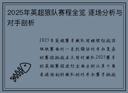 2025年英超狼队赛程全览 逐场分析与对手剖析